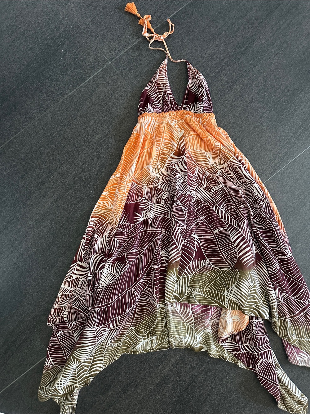 Aqua Halter Leaf-Print Ombre Maxi Dress in Orange, Burgundy & Olive